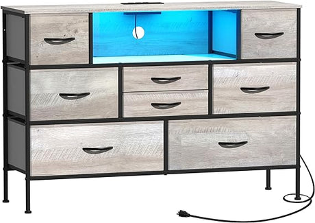 Wide Dresser with Charging Station and LED Light for Bedroom 8 Fabric Drawers Chest