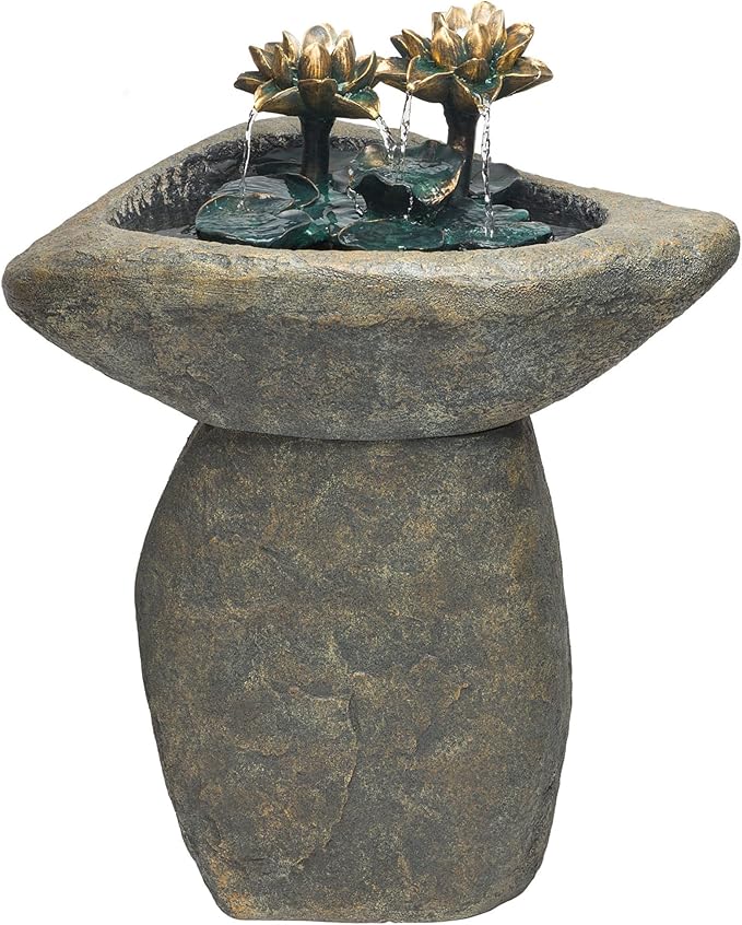 DIG370 31" Outdoor Zen Pagoda Water Fountain with LED Lights & Illuminated Stone Bowl
