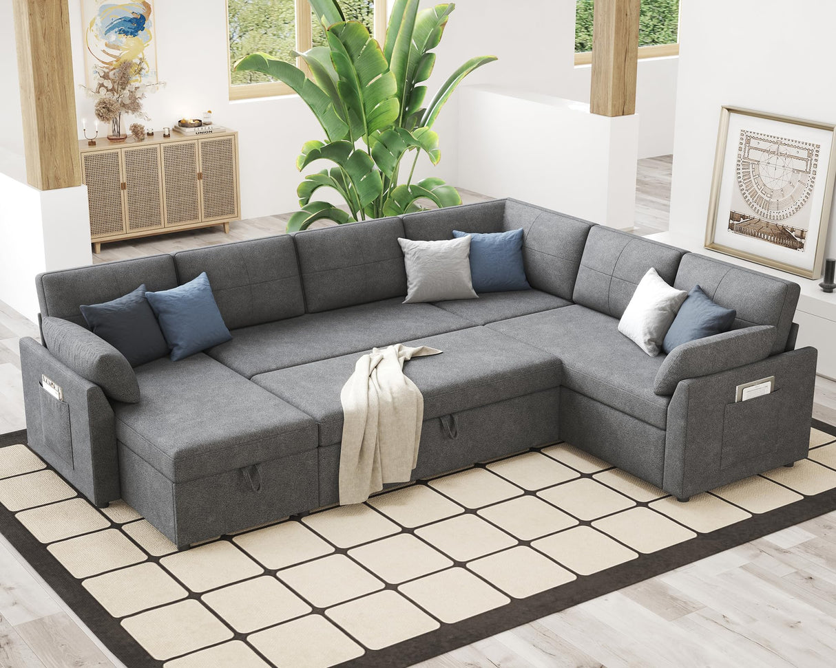 Pull Out Sofa, 112 Inch Oversized U Shape Sleeper Sofa Couch with Storage