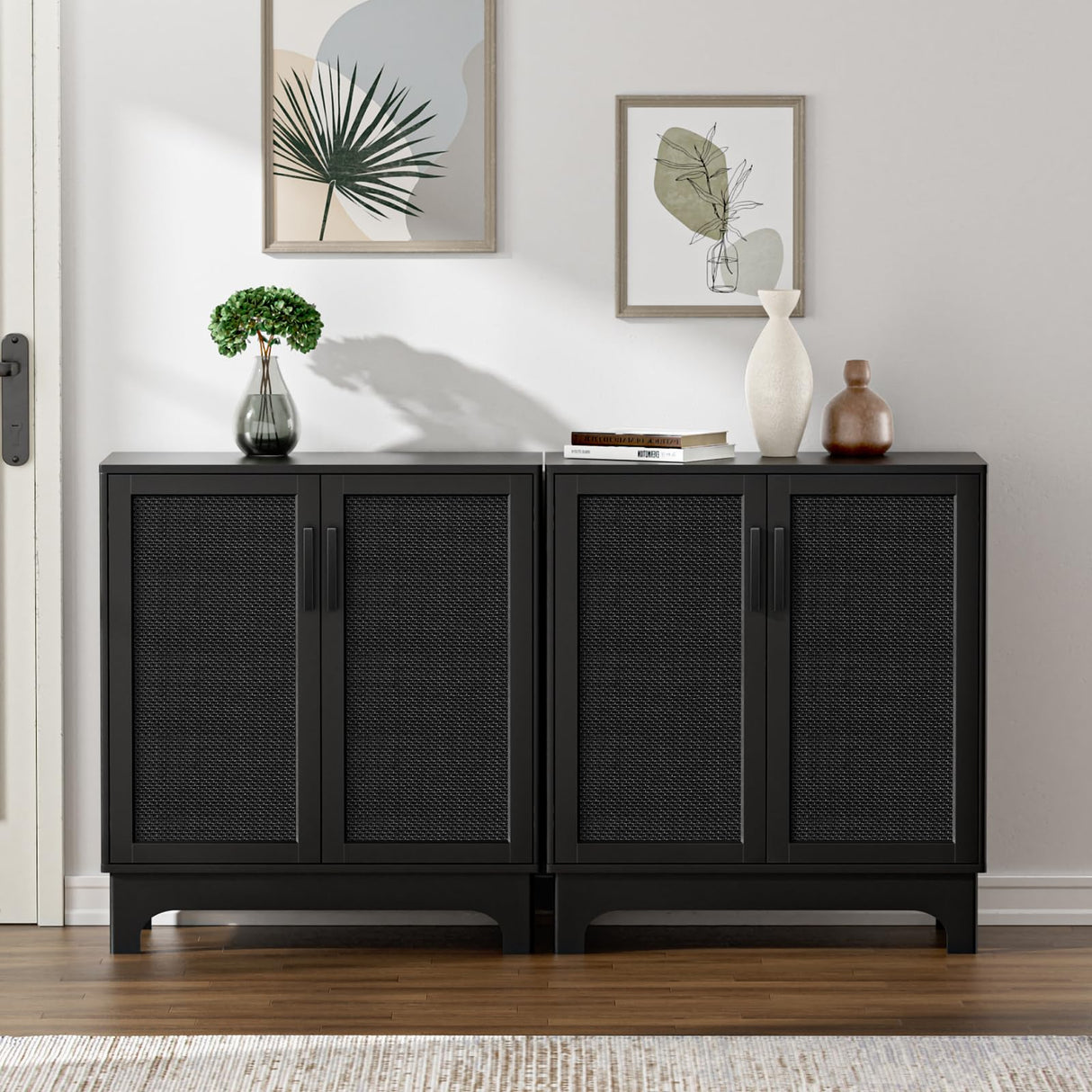 Black Rattan Cabinet, Natural Rattan Storage Cabinet with 2 Doors Adjustable Shelf Large