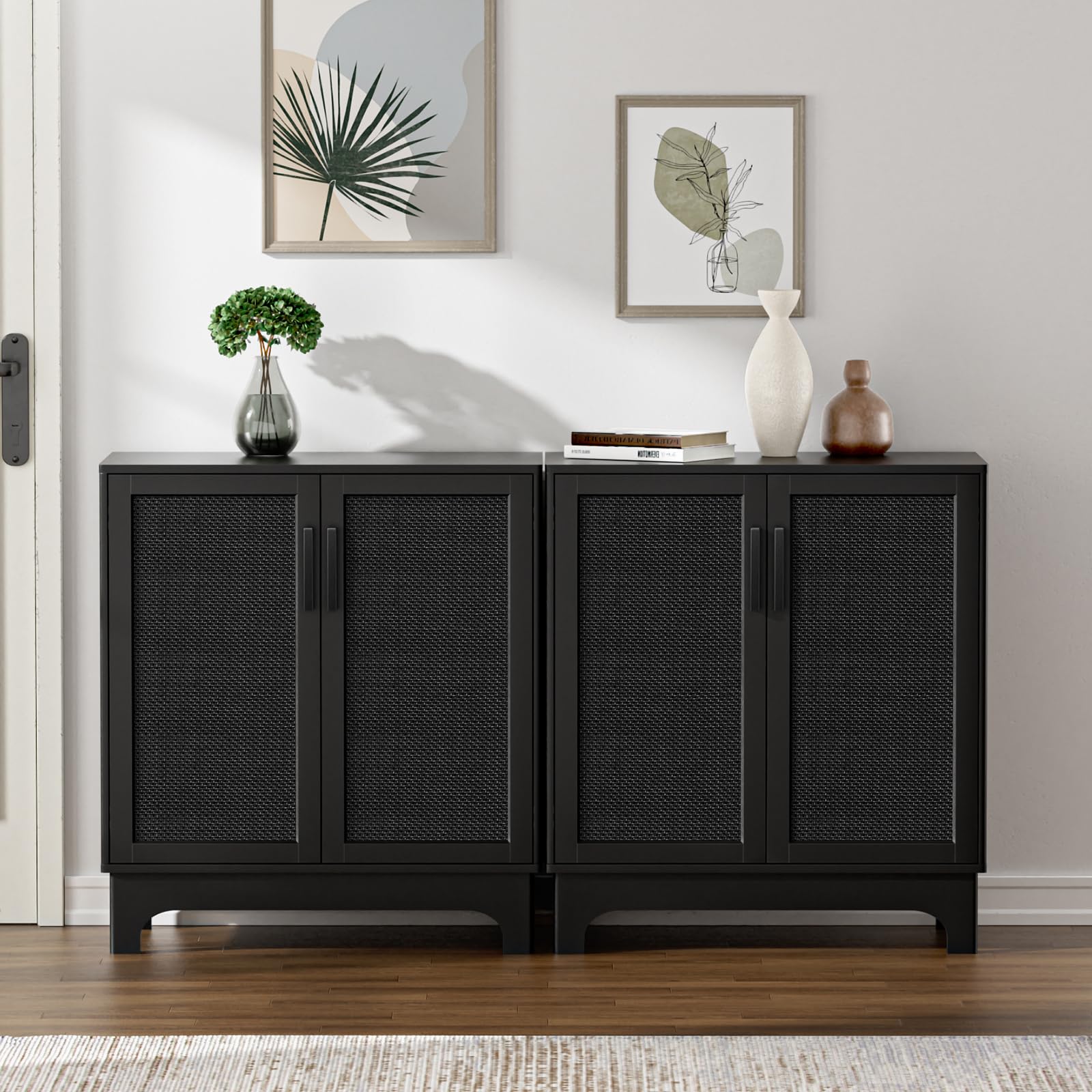 Black Rattan Cabinet, Natural Rattan Storage Cabinet