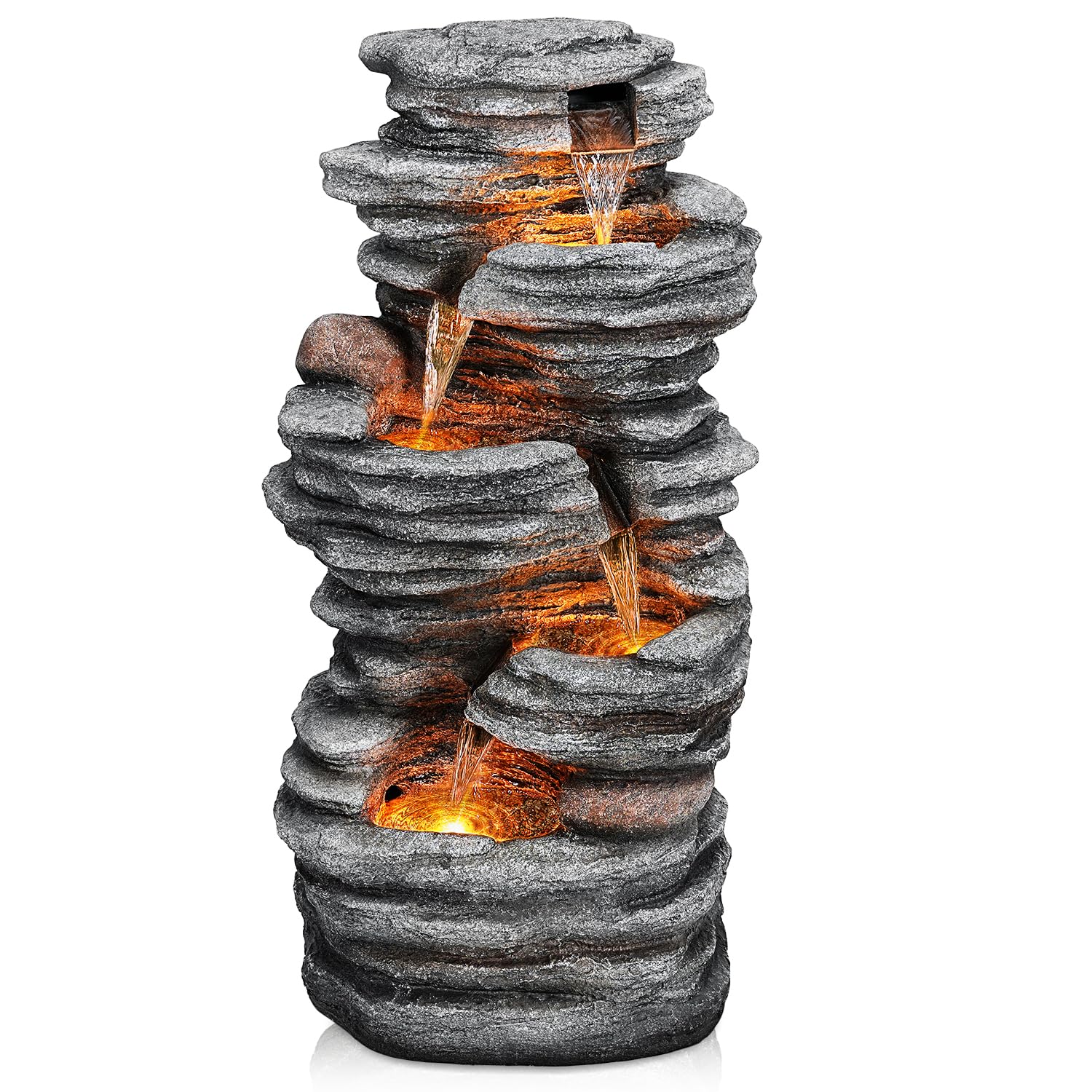 Water Fountain with LED Lights - 5-Tier Cascading Rock Waterfall Fountain, Natural Rock Look, Ideal for Garden, Landscaping, Patio, Balconies and Yard Decor
