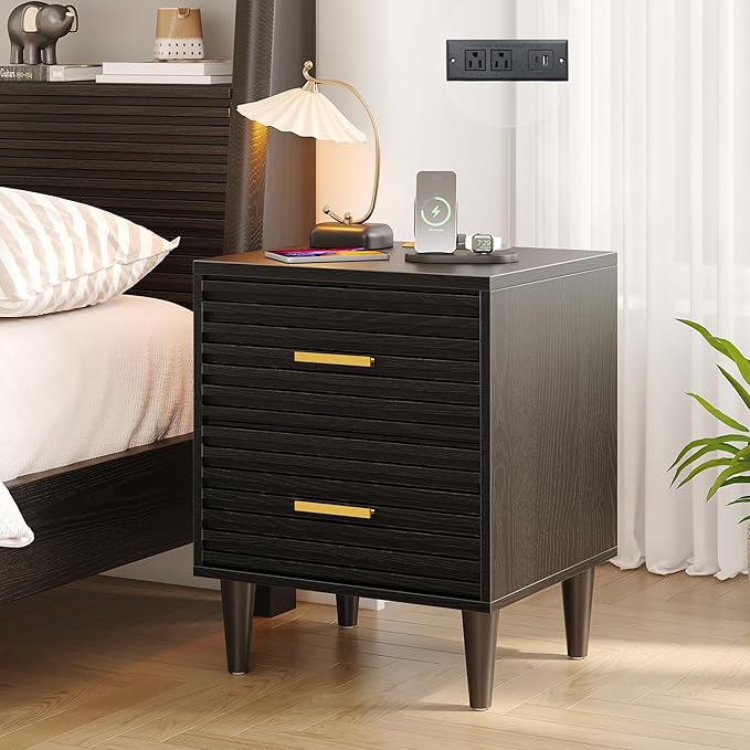 Night Stands with Charging Station, Mid Century Modern Nightstand, Fluted Bedside