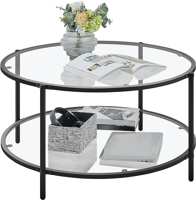 36" Round Coffee Table, Glass Coffee Table with Storage Shelf