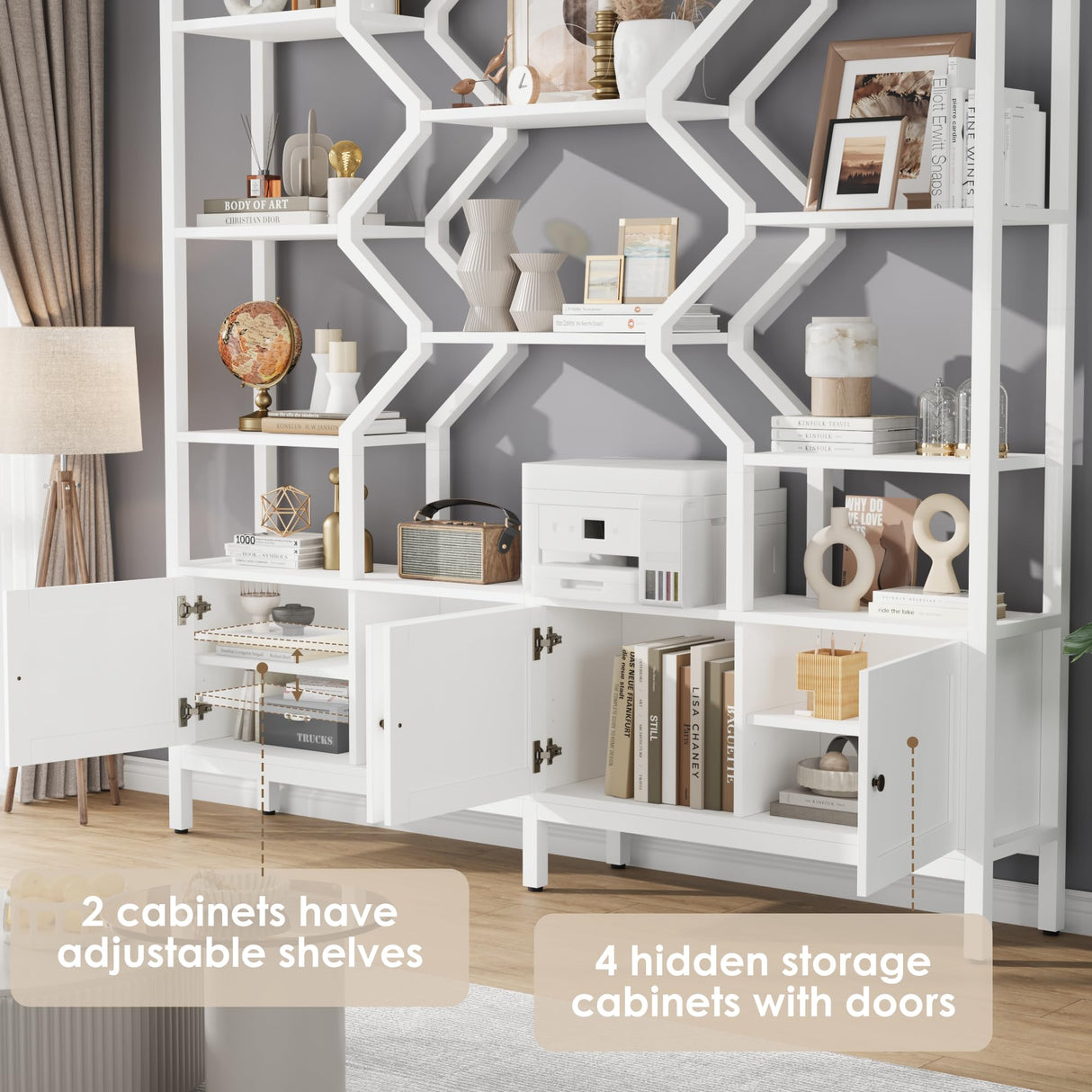 l 5-Tier Bookshelf with 4 Large Storage Cabinet, 74.2" W x 76.5" H Etagere Bookcase 14 Open Display Standing Shelves with Metal Frame for Living Room, Dining Room, White
