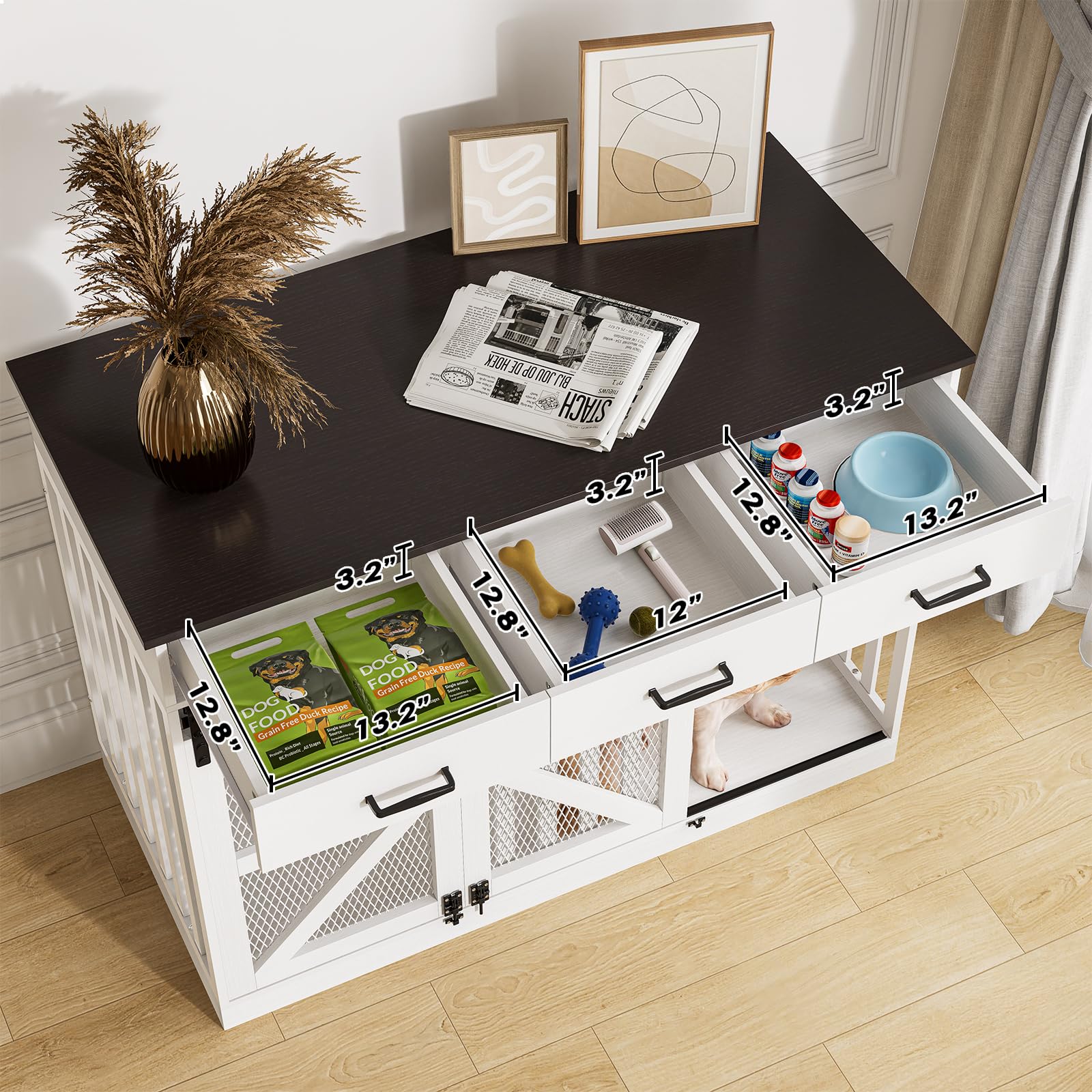 Farmhouse Dog Crate Furniture with Storage Drawers - Large Wooden Kennel & TV Stand