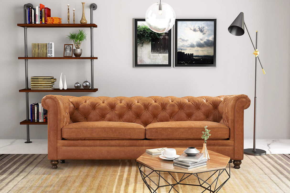 Lyon 87.4" Sofa in Full-Grain Pure-Aniline Italian Tanned Leather in Cognac Tan