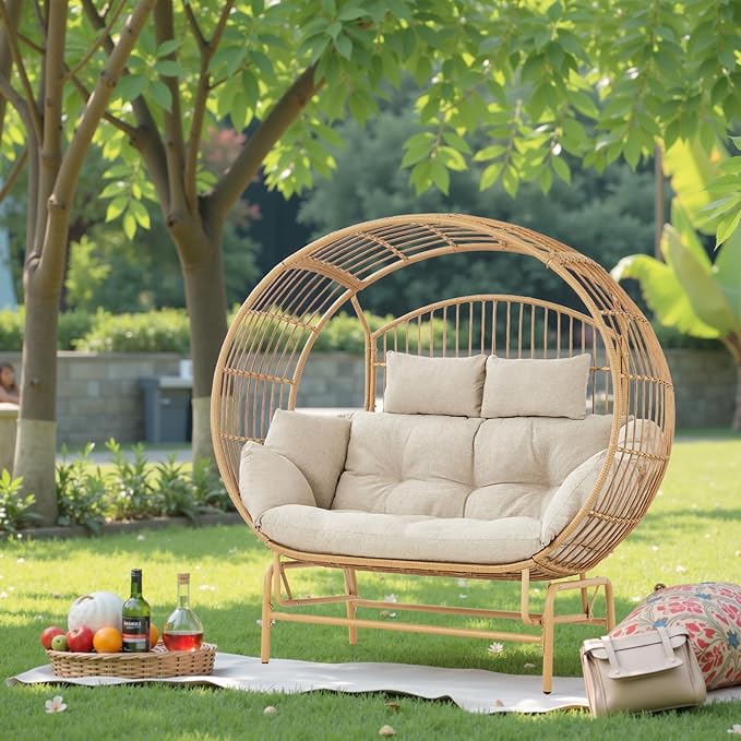 Outdoor Glider Egg Chair, Oversized 2 Person Egg Rocking Chair with Thick Cushions