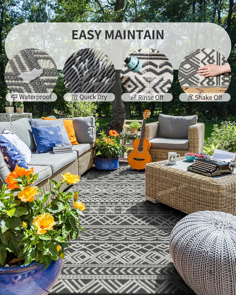 Outdoor Rug Carpet Waterproof 8x10 ft Reversible Patio Rug RV Camping Rug-Plastic