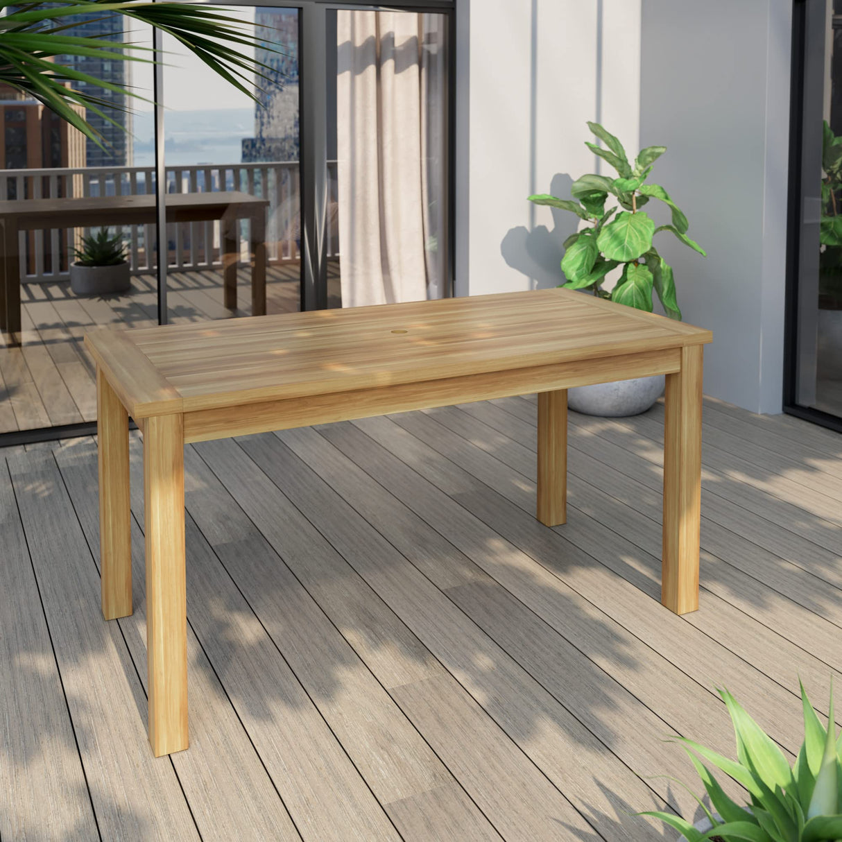 DT60-79-Q688 60" Rectangular Acacia Dining Table with Umbrella Hole, Beige