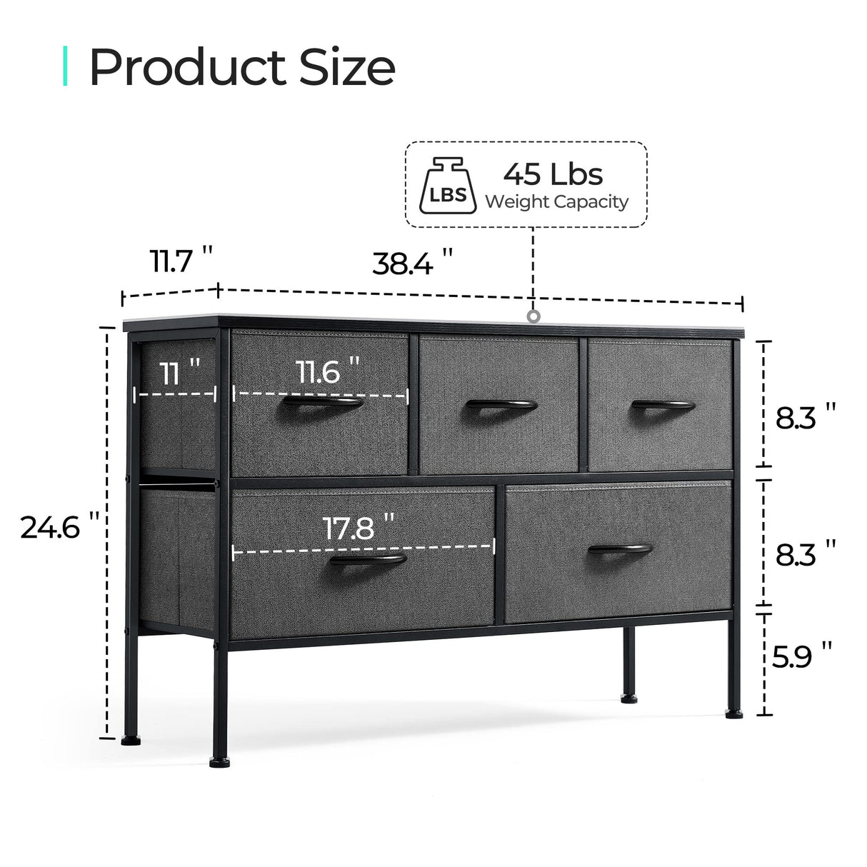 Dresser for Bedroom with 5 Drawers, Fabric Long Dresser, Wide Chest of Drawers,