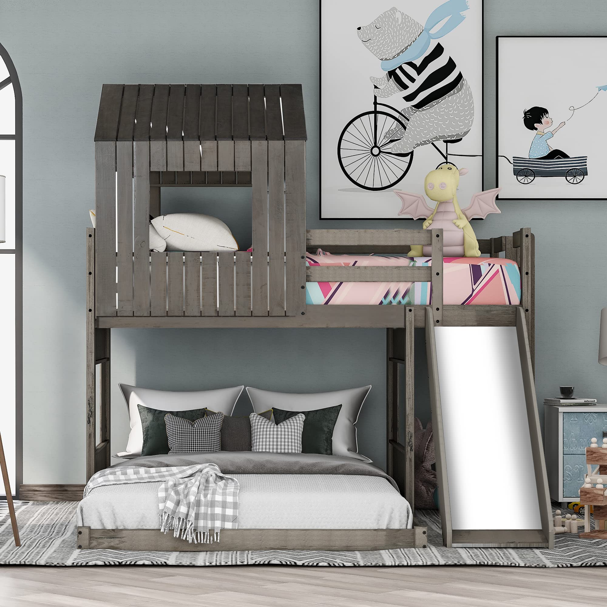 House Bunk Beds with Slide, Wood Twin Over Full Bunk Beds