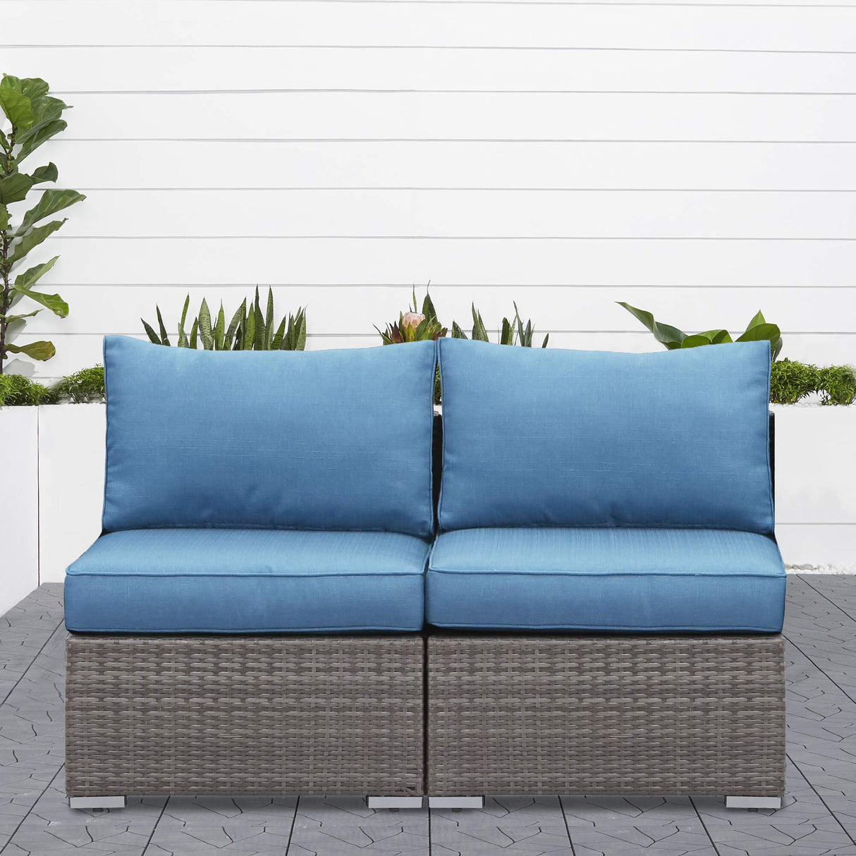 2 Piece Patio Armless Sofa, Outdoor Wicker Sectional Furniture