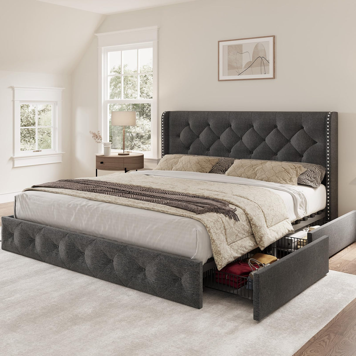 Queen Size Platform Bed Frame with 4 Storage Drawers and Wingback, Modern Linen