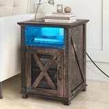 Farmhouse End Tables with Charging Station, LED Nightstand with Power Outlets, Bedside