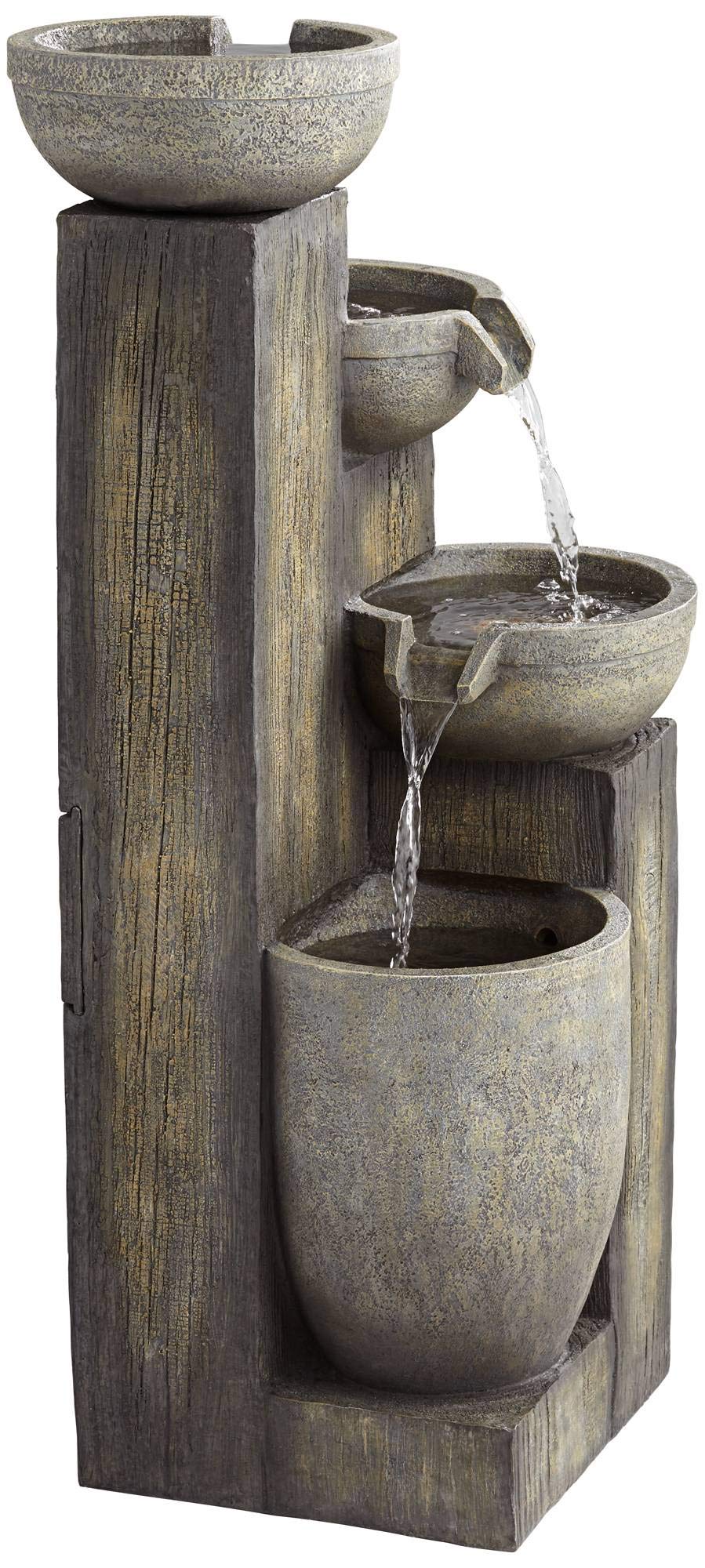 Four Tier Rustic Outdoor Floor Water Fountain 40 1/2" High with LED Light Cascading Bowls