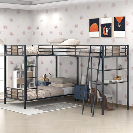 Triple Bunk Beds for 3, Metal Bunk Bed Twin Over Twin & Twin Size