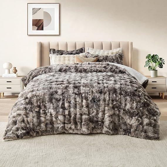 Faux Rabbit Fur Comforter Set Queen - Tie-Dye Brown