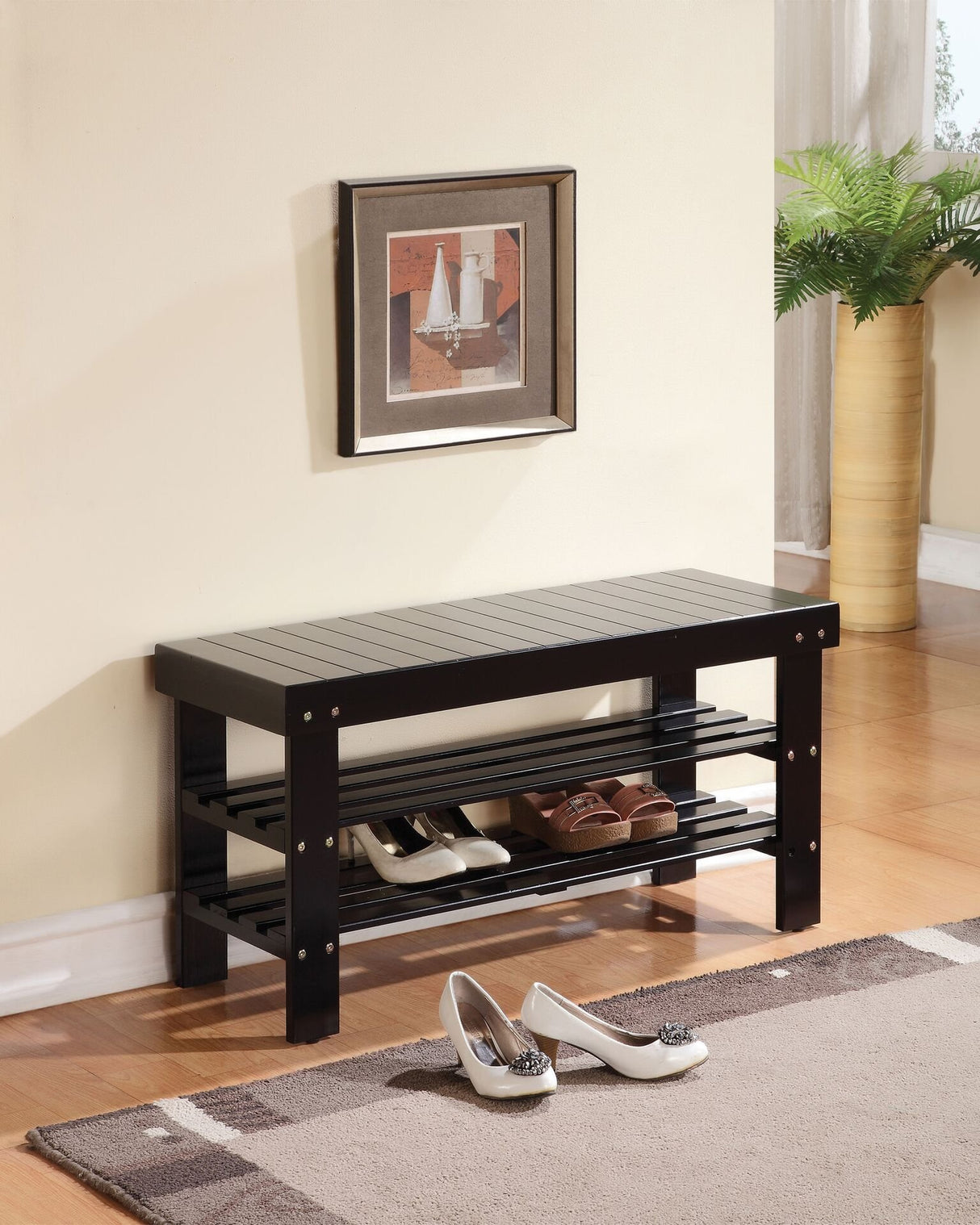 18" H Rectangular Armless Black Bench with Shoe Rack