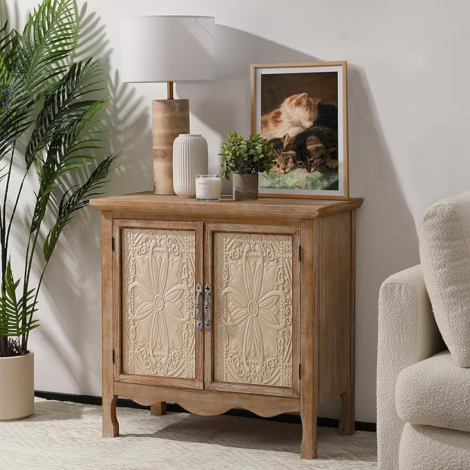 Rustic Wood Sideboard Cabinet with 2 Drawers & Carved Doors - Storage Console