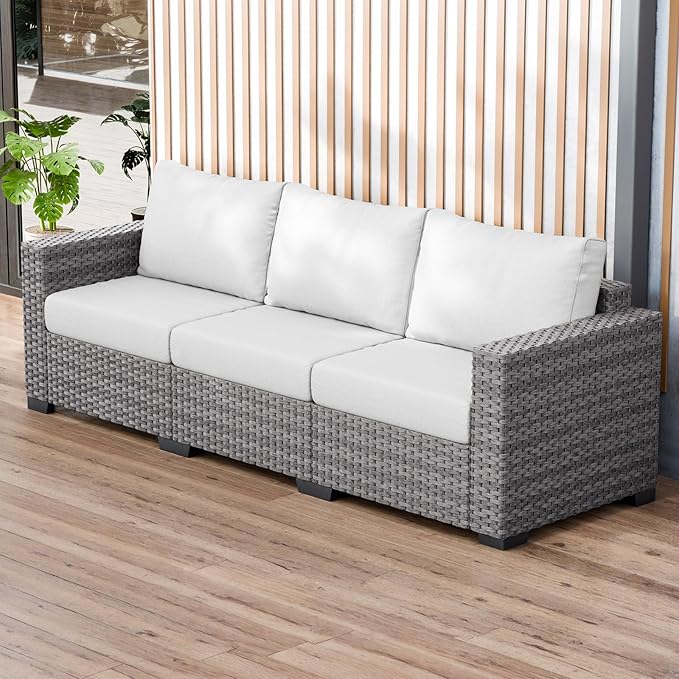 Outdoor Wicker Patio Couch Loveseat, Large Deep 2 Seats Gray Rattan Sofa Chair for Porch Yard Deck Backyard, Gray Cushions