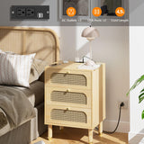 Rattan Nightstand Set of 2 with Charging Station, 27" Tall Oak Nightstand with 3 Drawers