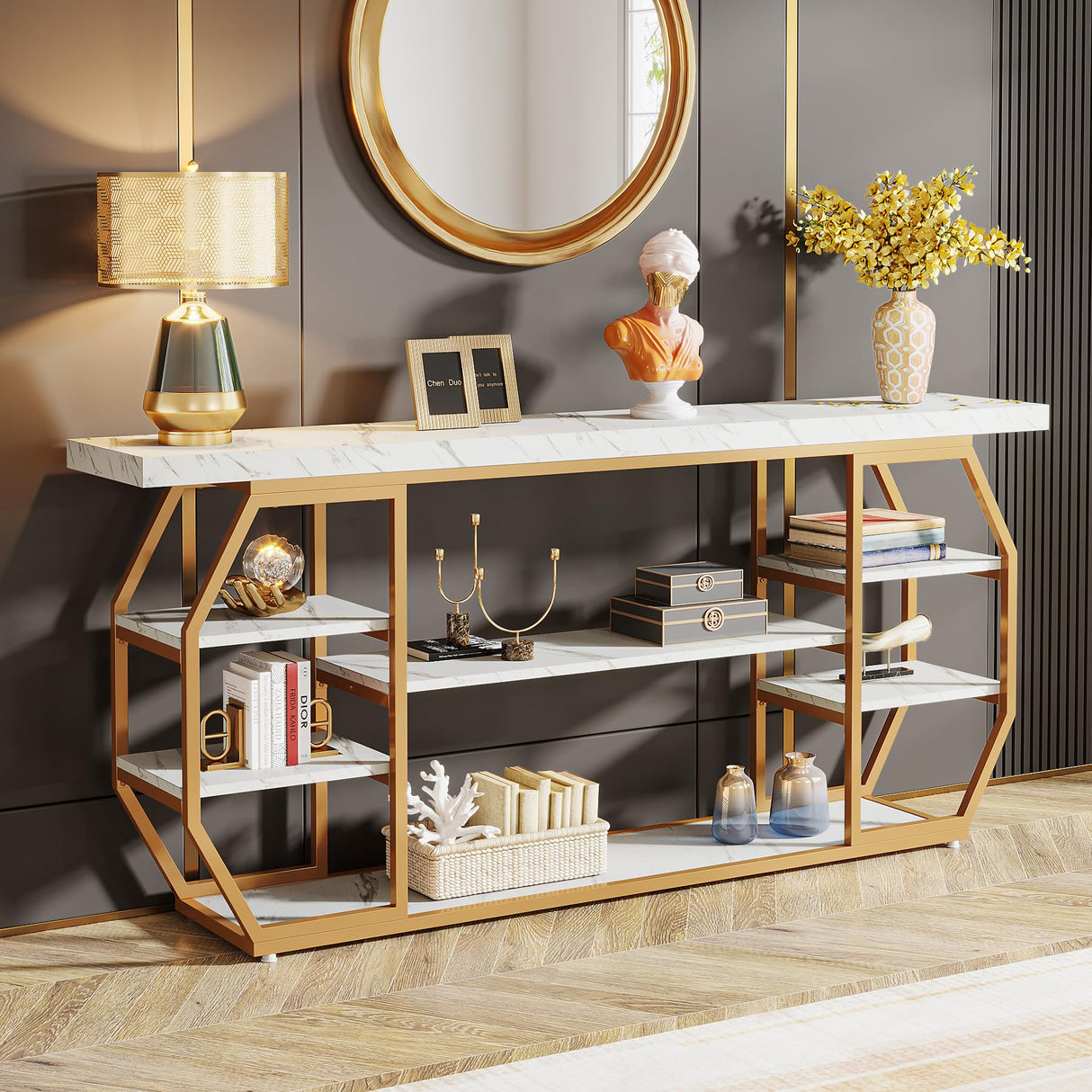 Extra Long Console Table, Modern Gold Entryway Table with 6 Storage Shelves,