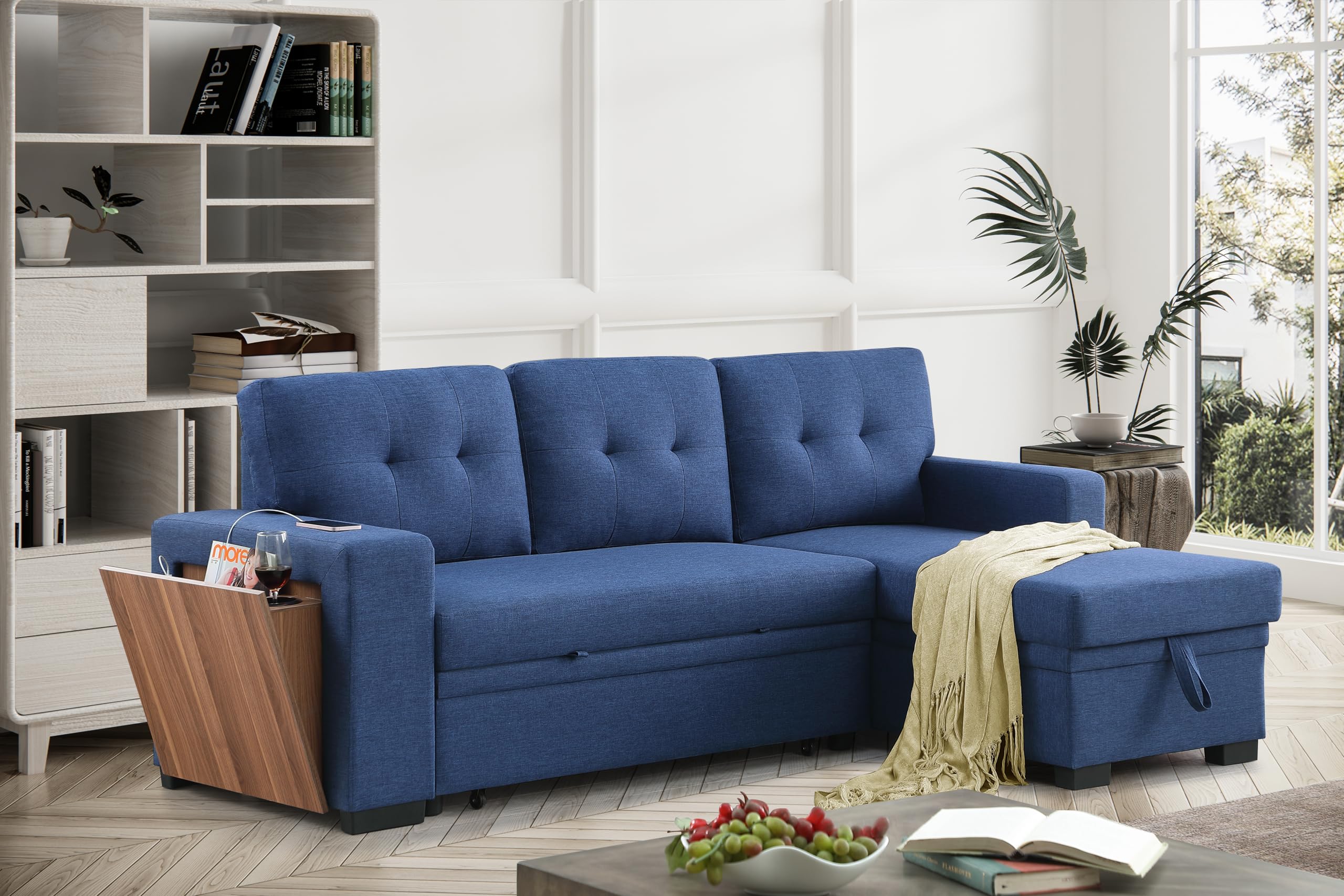 92" L-Shape Sectional Pull Out Sofa Bed with Storage Chaise