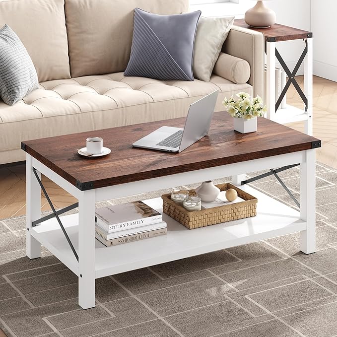 Farmhouse Coffee Table 2-Tier Rustic Center Table Living Room Rectangle Cocktail Table