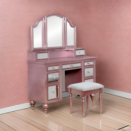 60 Inch Vanity Desk with Stool, Drawers, 3 Panel Mirror, Wood, Pink, Rose Gold and Gray