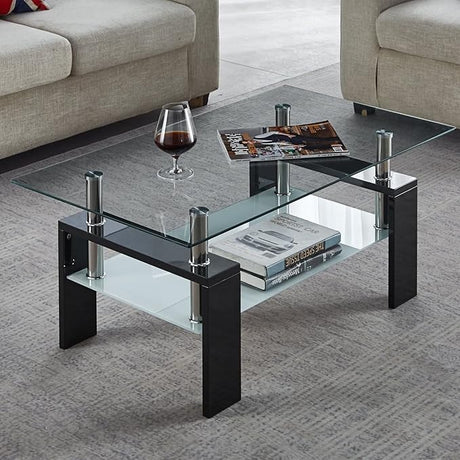 Living Room Glass Coffee Tables Modern Rectangle Center Side Table w/Storage Shelf