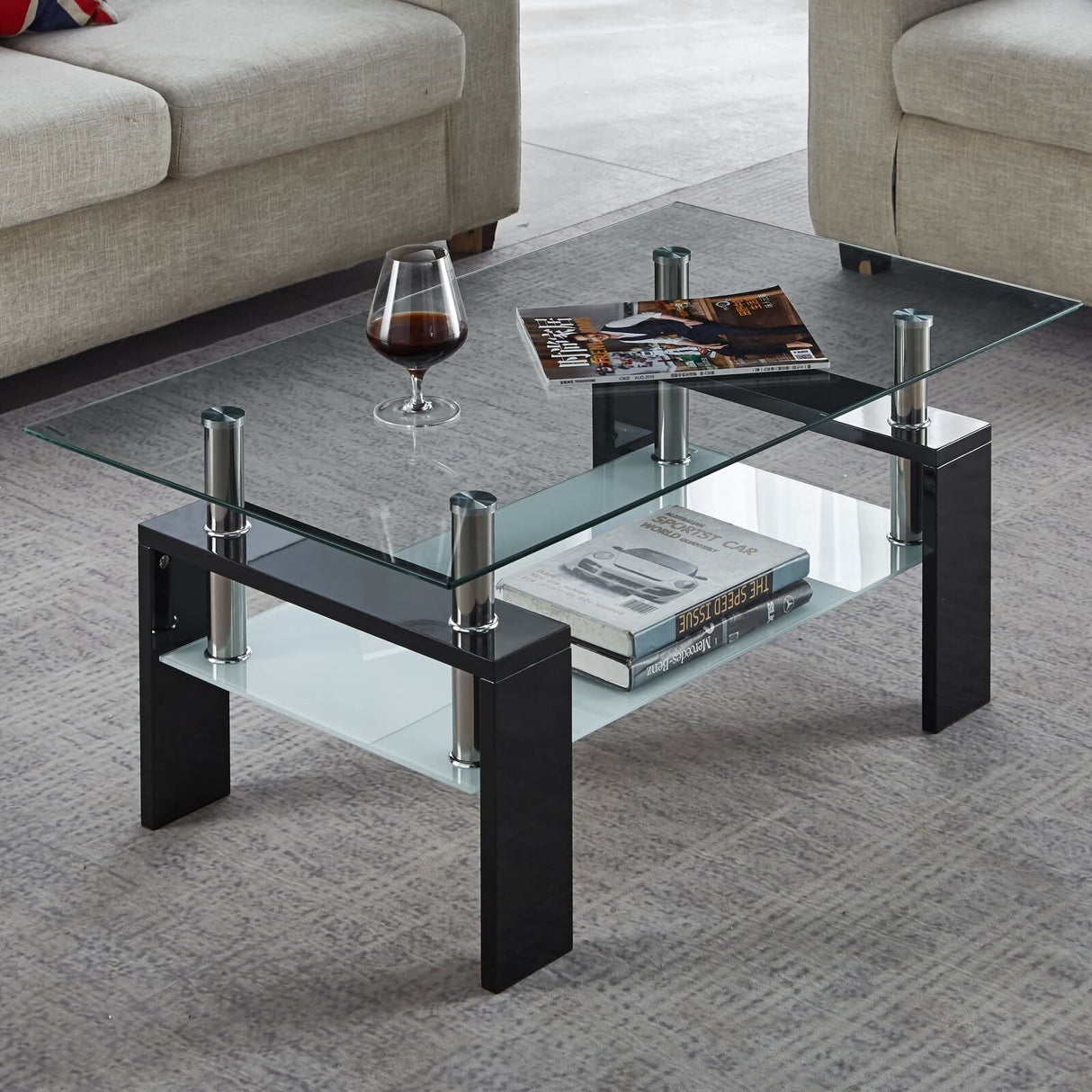 Living Room Glass Coffee Tables Modern Rectangle Center Side Table w/Storage Shelf