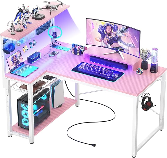 Small Gaming Desk with Power Outlets Pegboard LED Light, 43 Inch L Shaped Computer