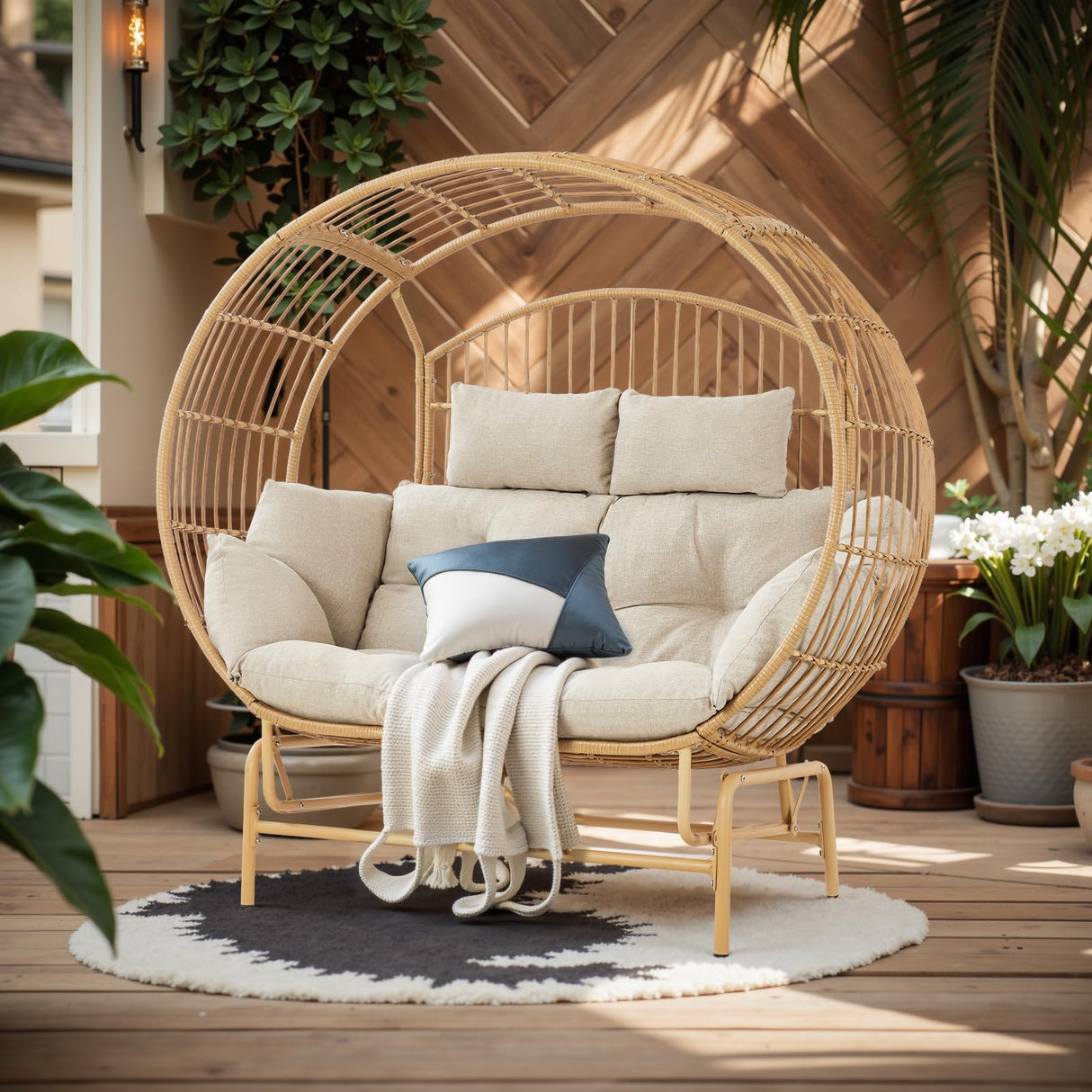 Outdoor Glider Egg Chair, Oversized 2 Person Egg Rocking Chair with Thick Cushions