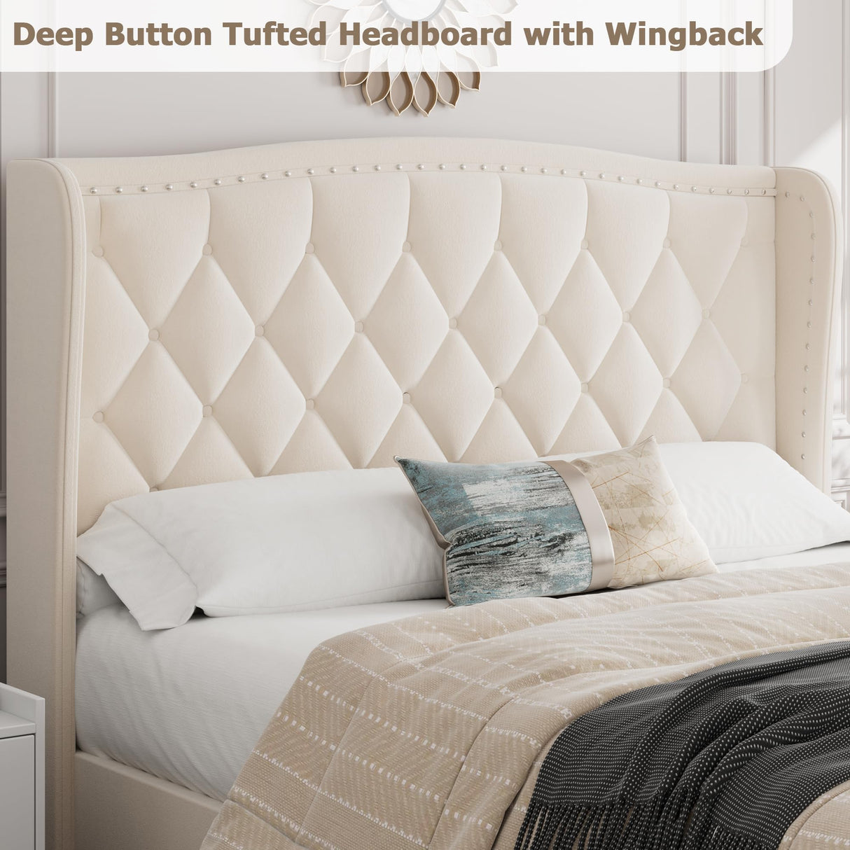 Queen Bed Frame Velvet Upholstered Platform Bed with Wing Side Headboard, Wooden