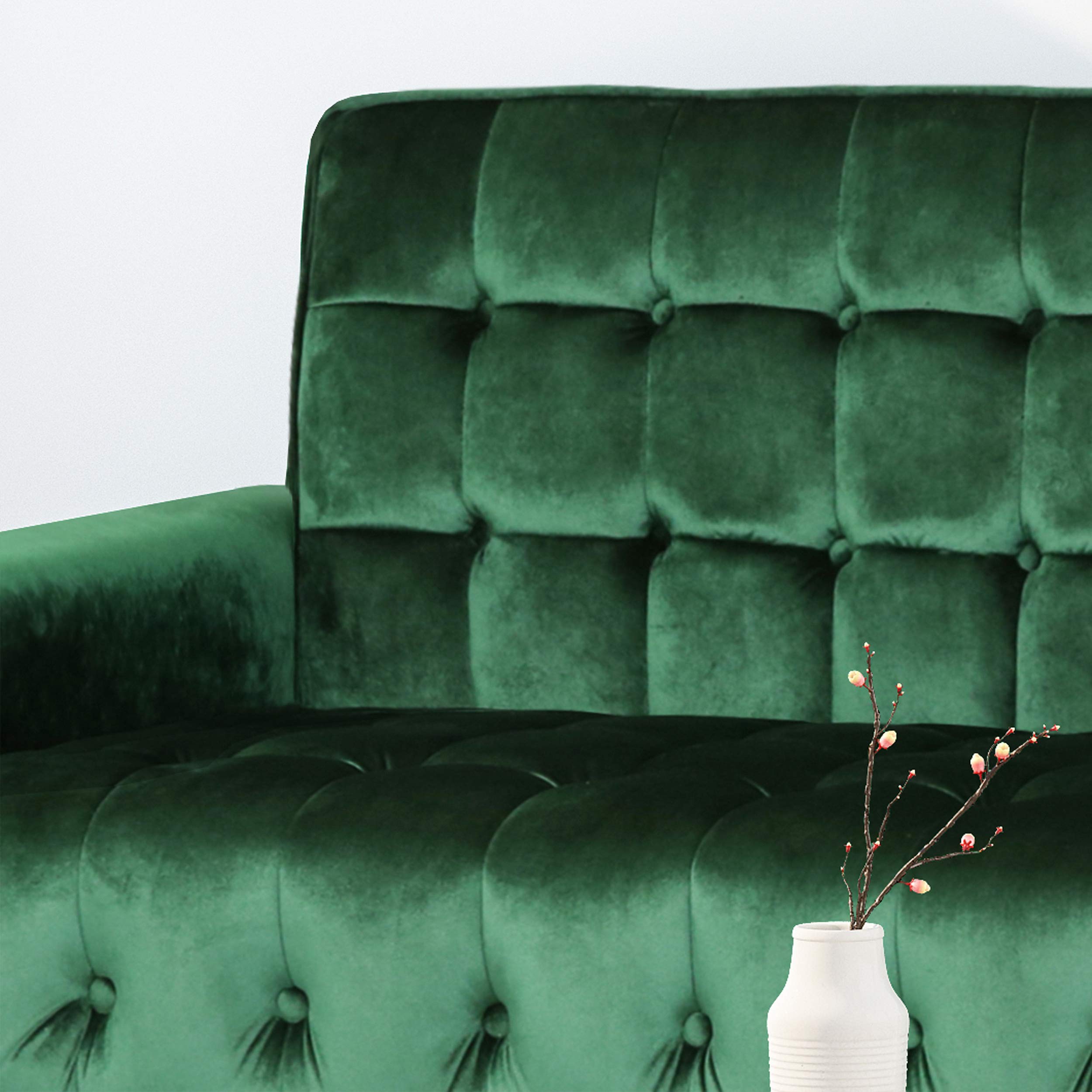 Adan Tufted Velvet Sofa Tipped Tapered Legs, Emerald and Gold Finish