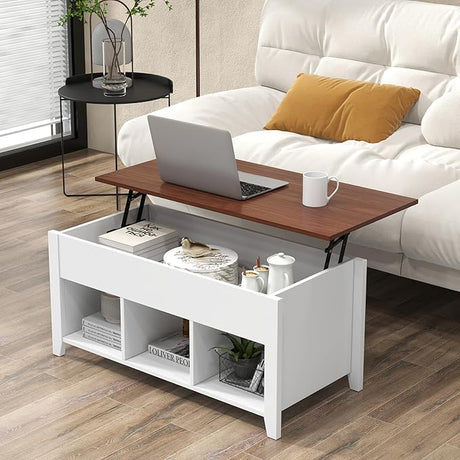 Table with Hidden Storage Compartment, Display Shelves, Lift Tabletop for Living Room,