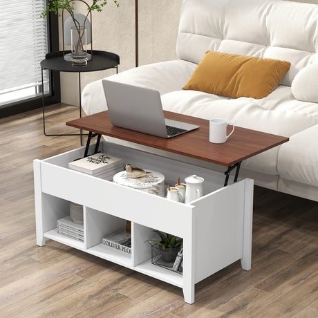 Lift Top Coffee Table - Rectangular Wooden Table w/Hidden Compartment & Open Storage