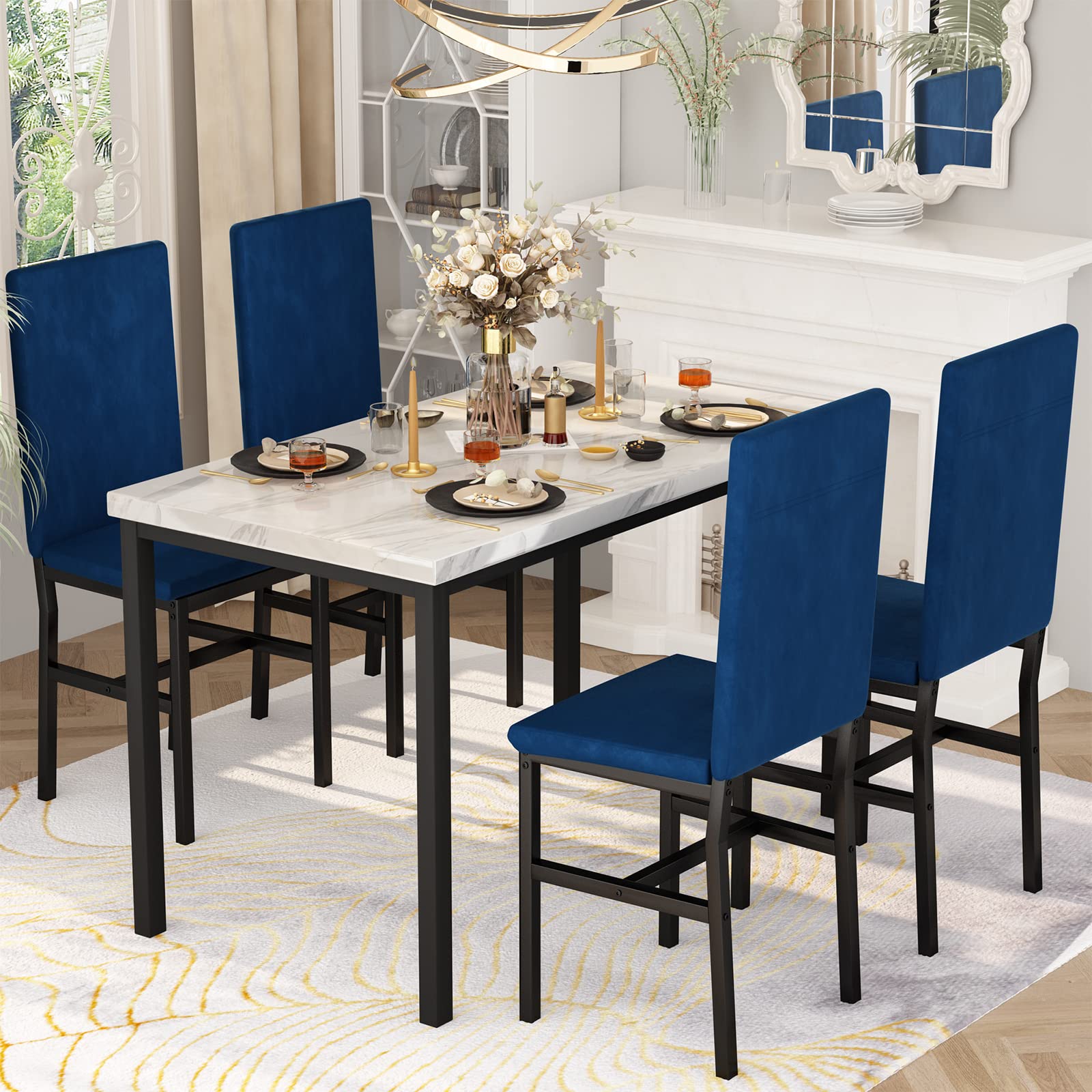 4-Piece Dining Table Set with Faux Marble Top and Blue Velvet Chairs