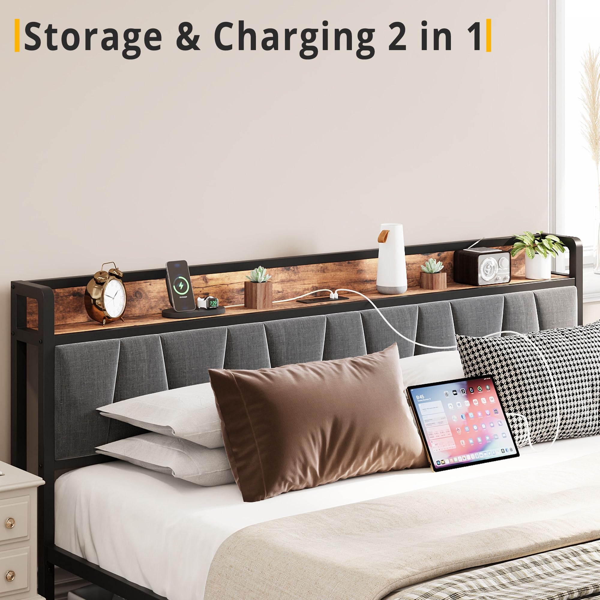Queen Bed Frame, Storage Headboard with Charging Station, Platform Bed with Drawers,