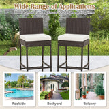 Set of 2 Patio Wicker Barstools, Outdoor Bar Height Chair w/Soft Seat Cushion