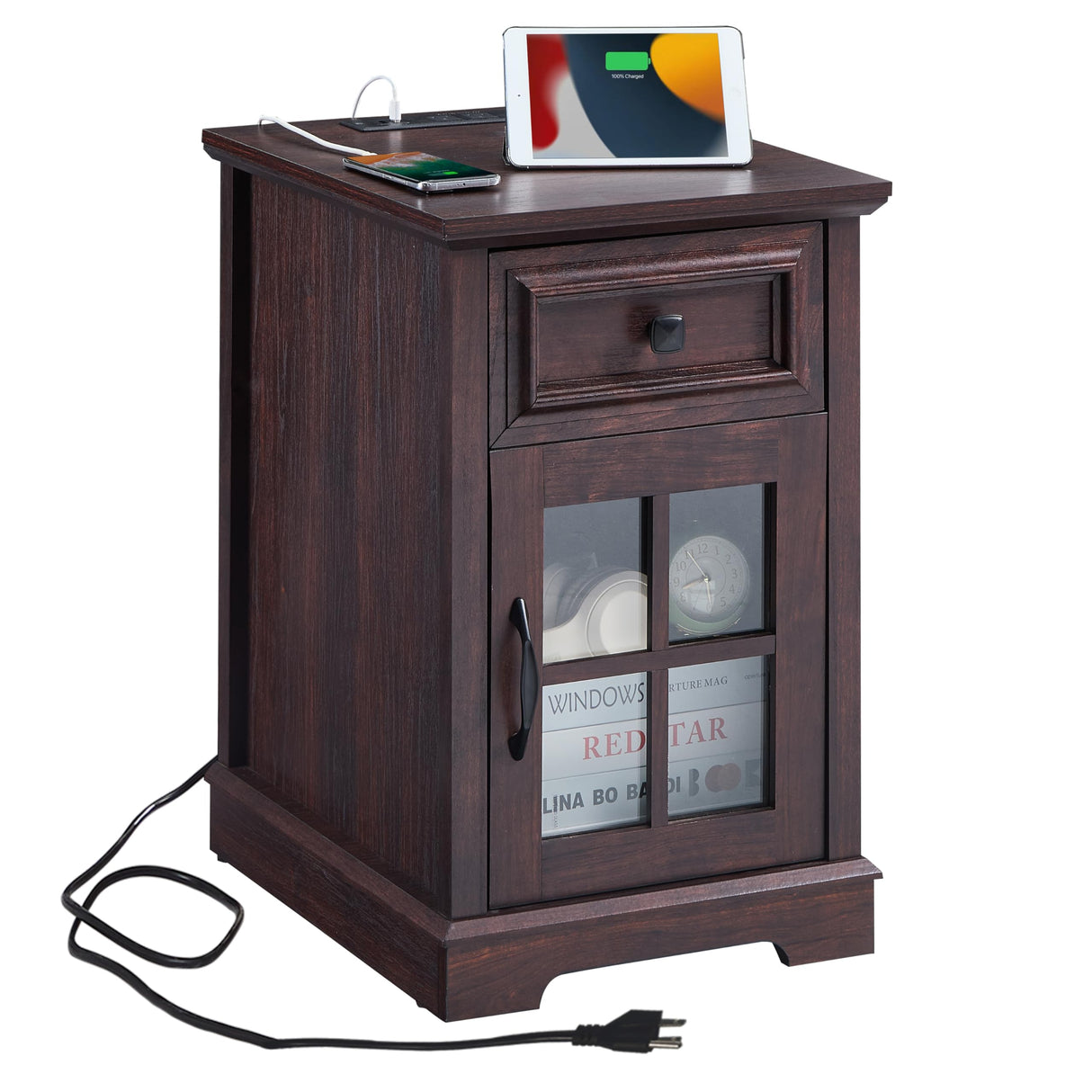 Farmhouse XXL End Table with Charging Station, Side Table with USB Ports and Outlets