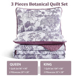 Botanical Quilt Set Queen Size, Purple 3 Pieces Floral Plants Printed