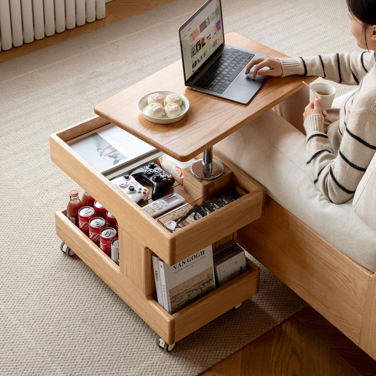 100% Solid Oak Lift Top Coffee Table with Ample Storage, Multifunctional Side Table