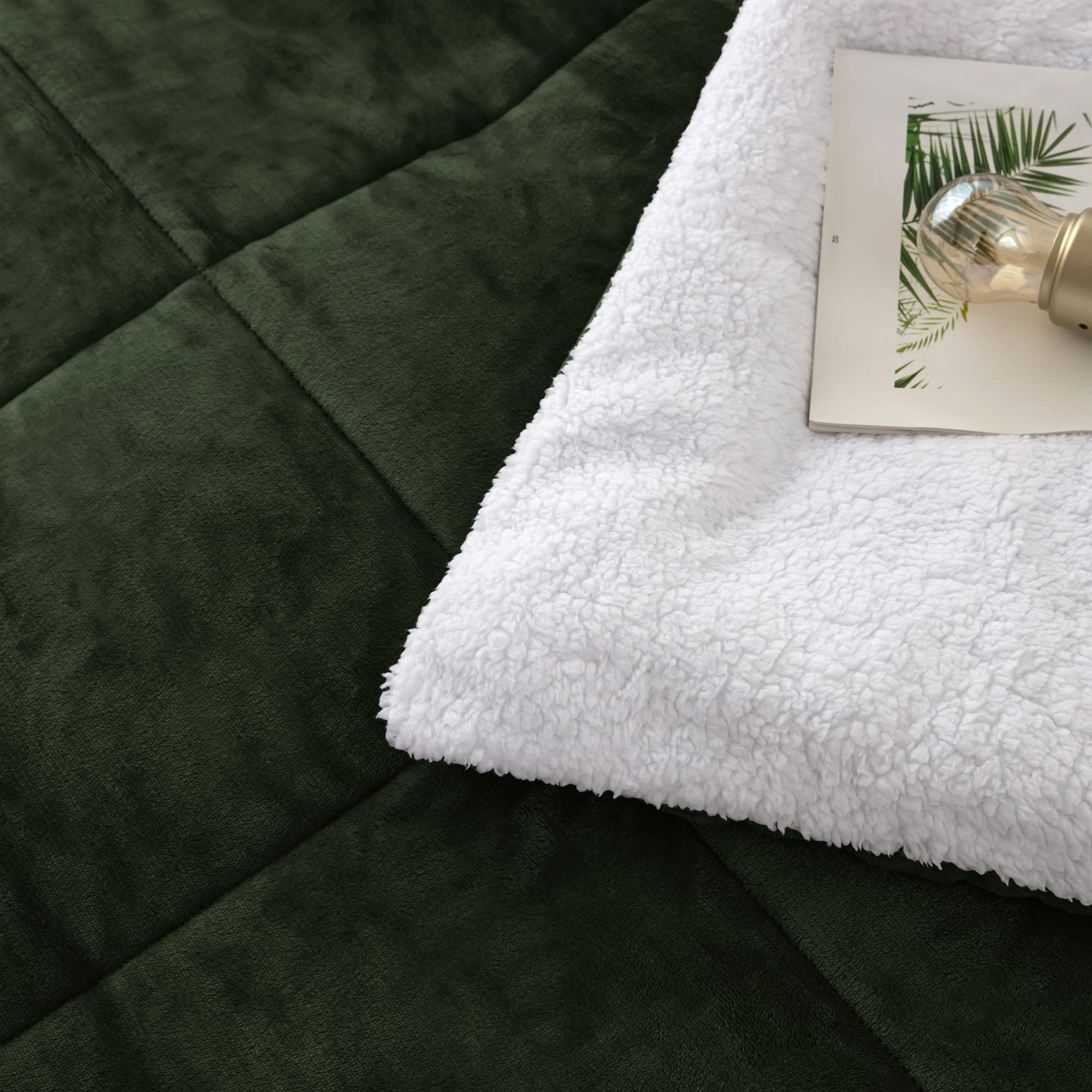 Olive Green Sherpa Comforter Set Full Queen Size, Soft All Season Down Alternative