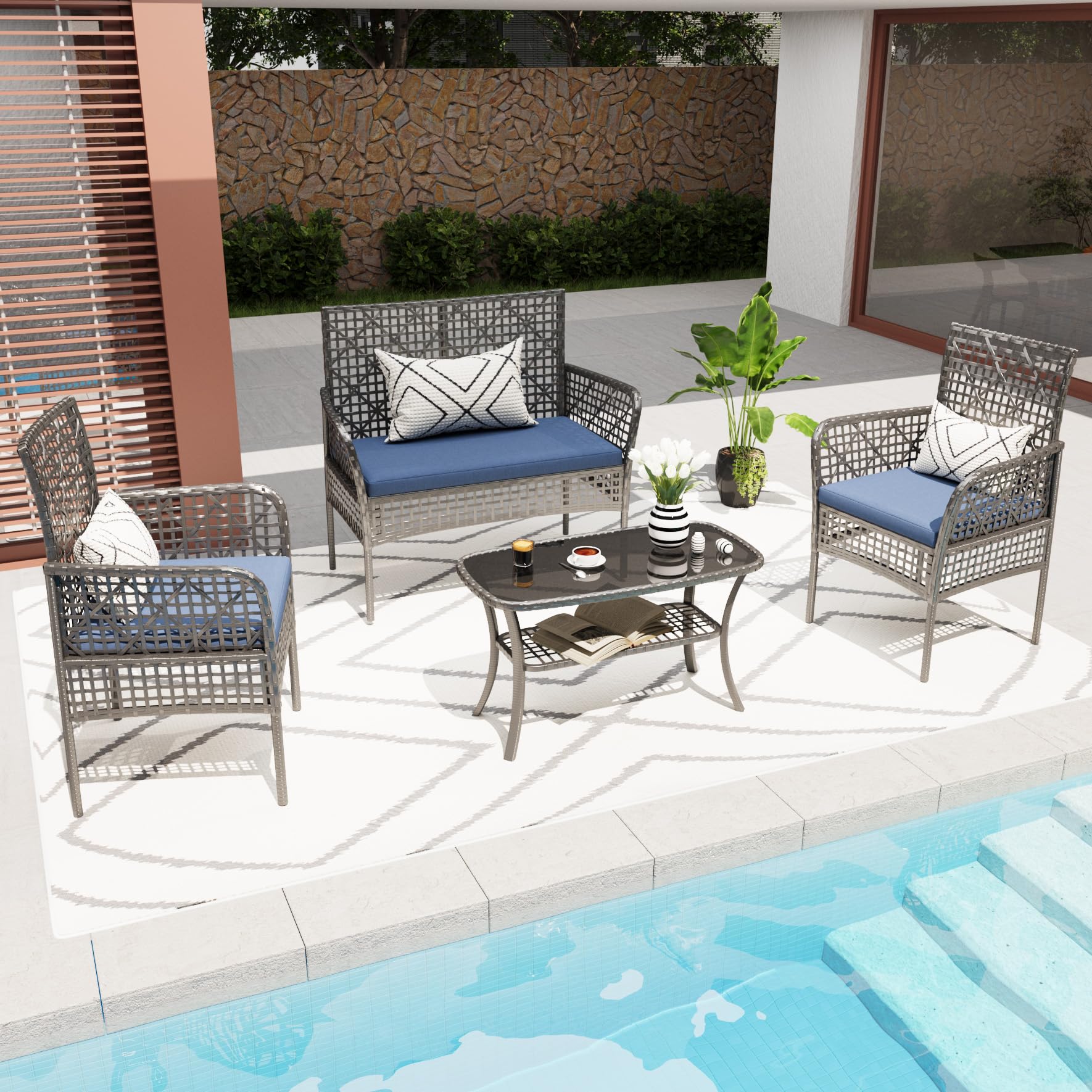 4 Pieces Outdoor Patio Furniture Set,PE Rattan Wicker Garden Conversation Chairs
