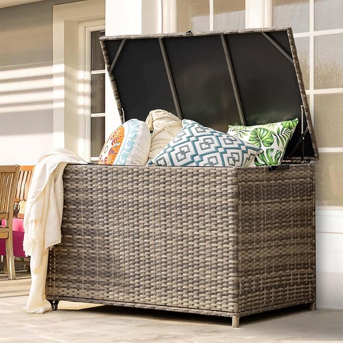 178 Gallon Outdoor Storage Box, Handle Large Portable Wicker Rattan Deck Box for Patio