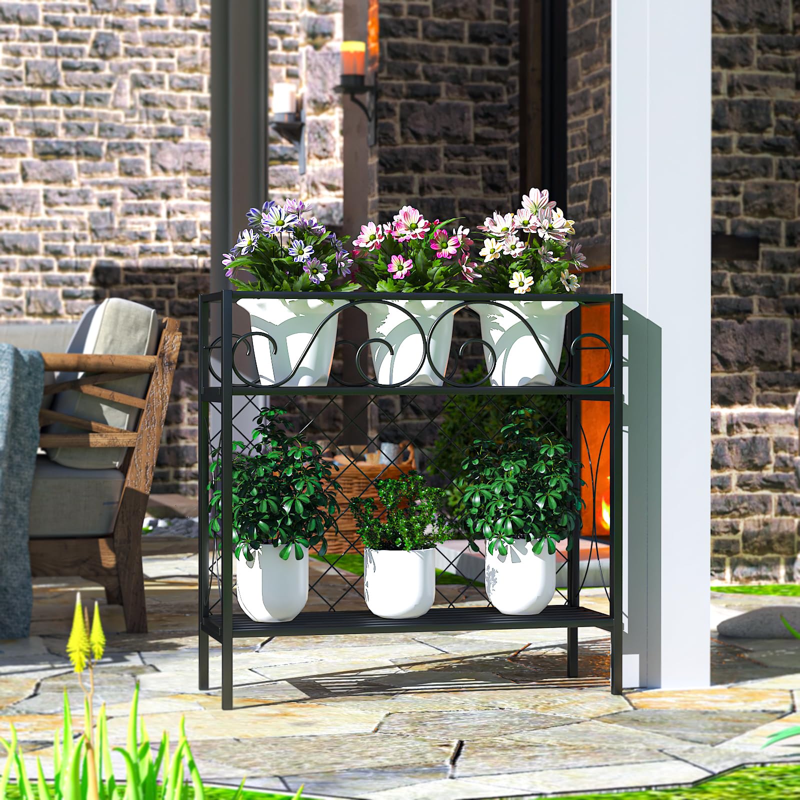 2 Tier Indoor Outdoor Potted Plant Shelf Heavy Duty Metal Plant Stand Sturdy
