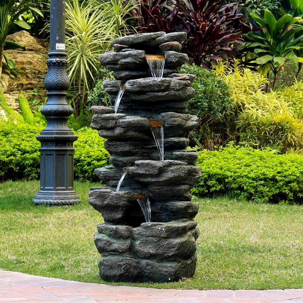 40-inch Tired Outdoor Rock Water Fountain Cascading Waterfall W/Light Grey Modern