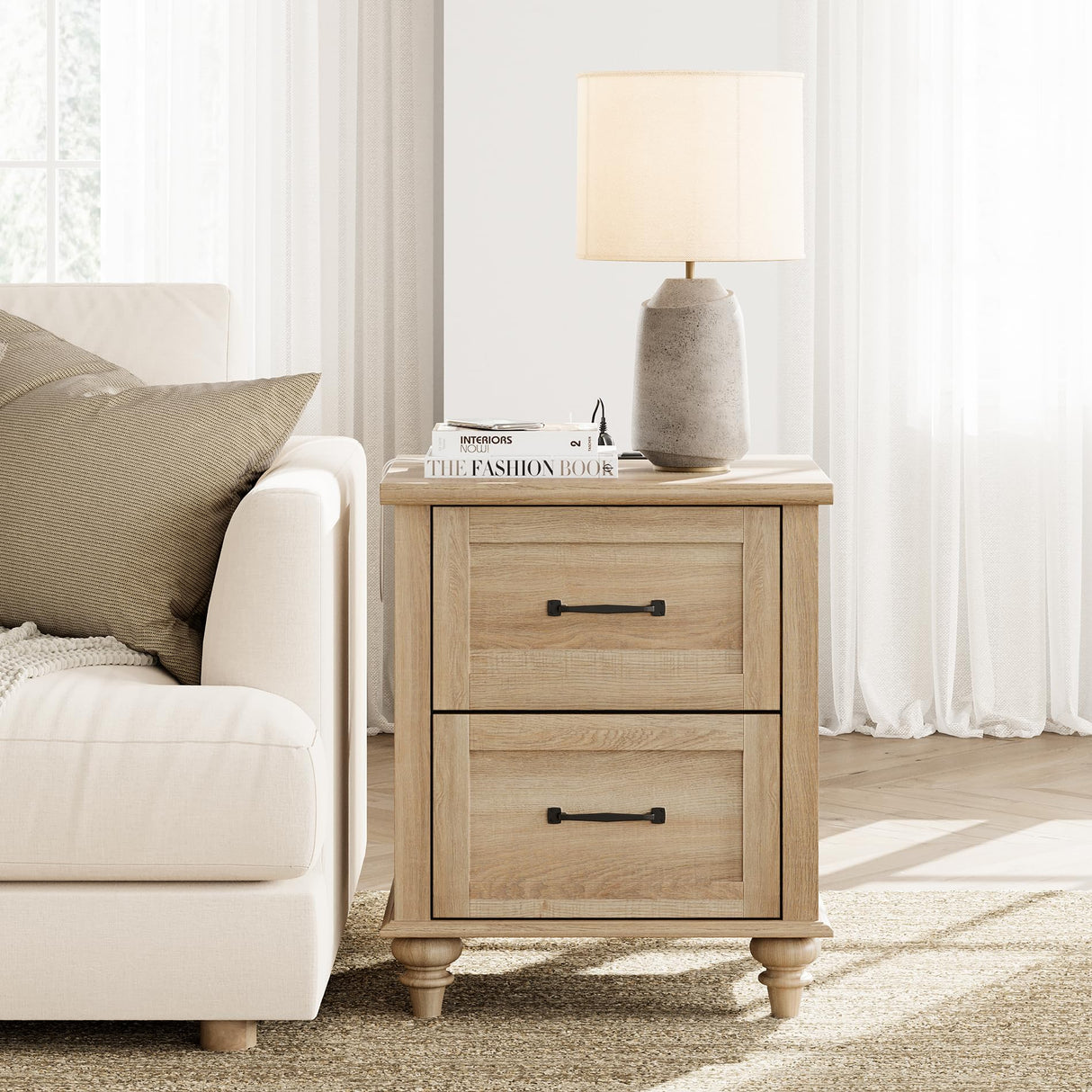 Nightstand Side Table with Charging Station, Light Wood End Table